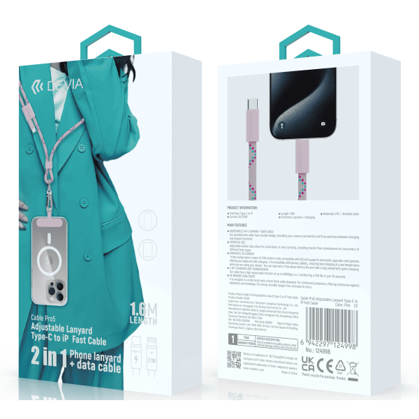 Smart Series C To L PD 27W Woven Fast Cable Adjustable Lanyard (1.6M) (Pink)