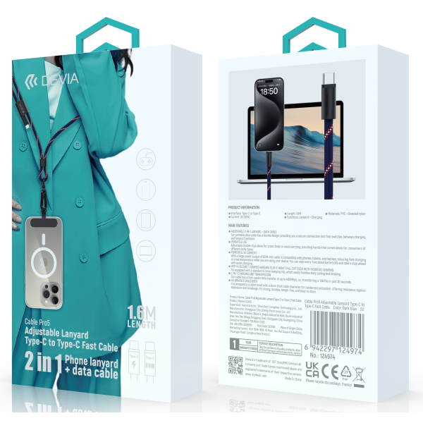 Smart Series C To C PD 60W Woven Fast Cable Adjustable Lanyard (1.6M) (Dark Blue)