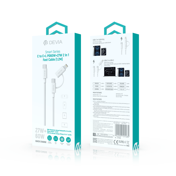 Smart Series C to C+L PD60W+27W 2 In 1 Fast Cable (1.2M) (White)
